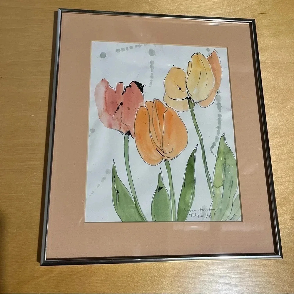 Susan Hamady Framed Signed Print Watercolor “Tulips” 1/18 11”x13”